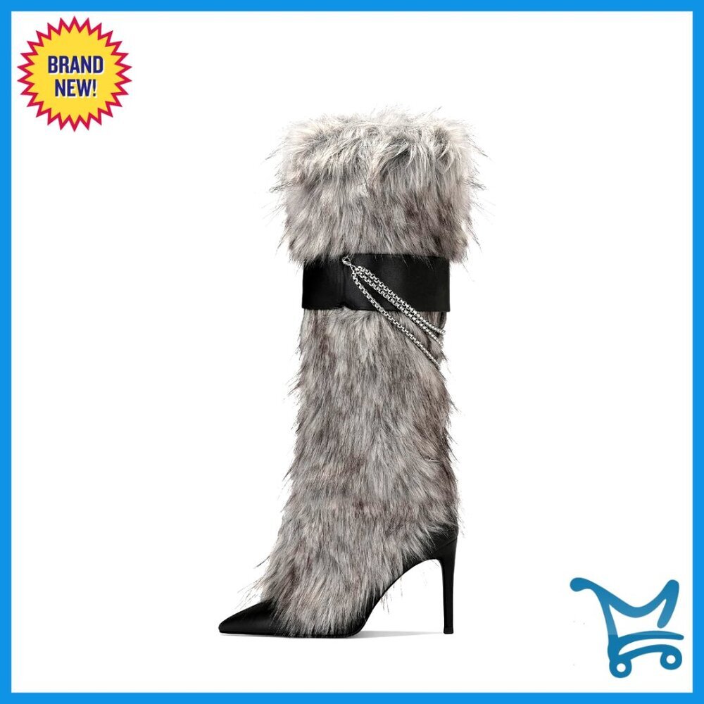 Faux Fur Stiletto Boots with Chain Detail, Stretch Knit Shaft, Winter Heels